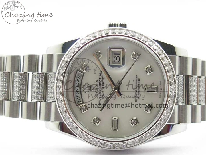 MiroTime 0128 Day-Date 36mm 128239 SS Crystal BP Best Edition White MOP Crystal Marker Dial on SS President Bracelet A MoistureWicking 2682